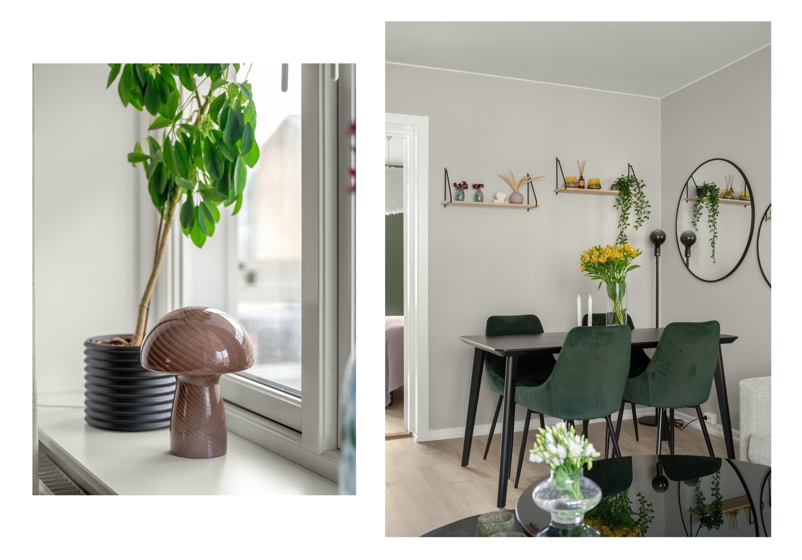 Stuen er i dag innredet med større sofagruppe og spiseplass. Plass til begge deler, altså. Galleribilde