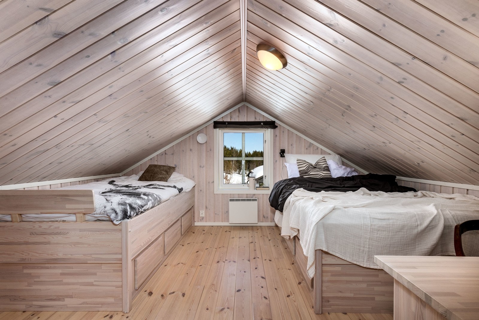 Det er innredet med 4 sengeplasser i loftet på hytta - i henhold til teknisk forskrift er ikke loftsetasjen godkjent som oppholdsrom Galleribilde
