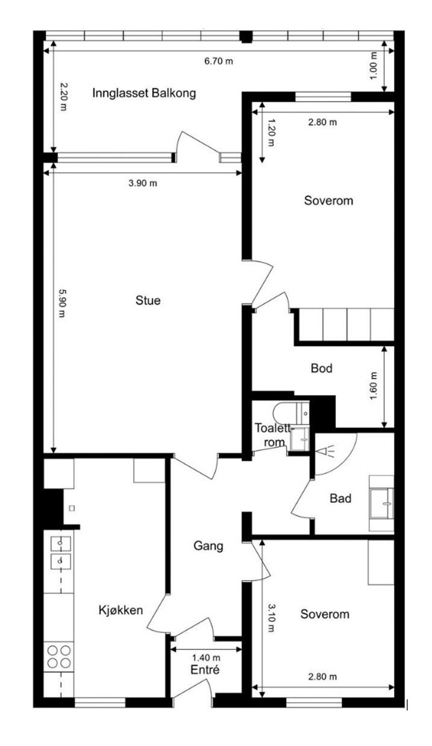 - Plantegning. Denne avviker litt fra leiligheten. Badet er større og inkluderer wc, dør mellom entré/gang er fjernet og åpnet opp og dør til kjøkken er flyttet fra gang til stue. - Galleribilde