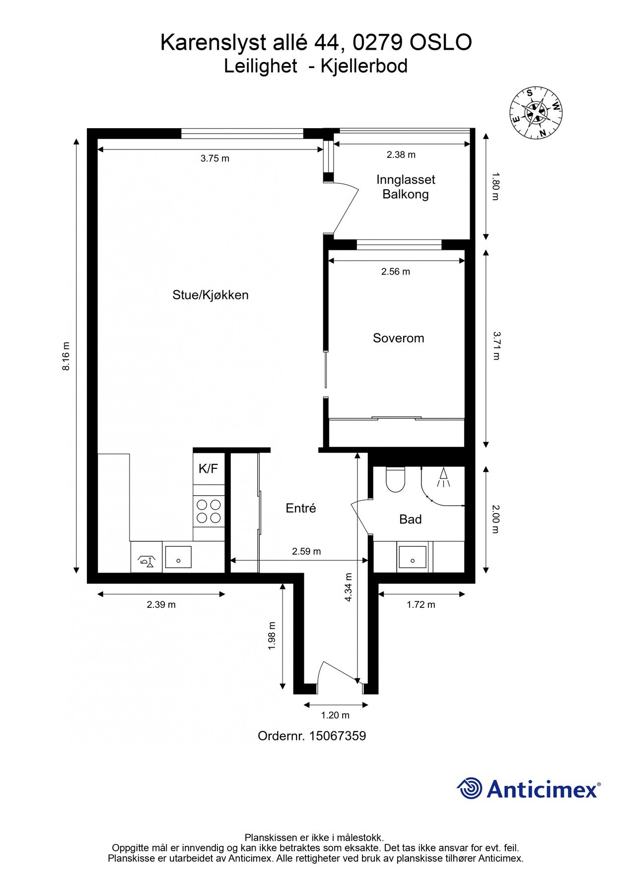 Plantegning. Leiligheten har en god planløsning bestående av entré, bad, stue/kjøkken og
soverom. Stuen fører ut til en solrik balkong på 6 kvm. Galleribilde