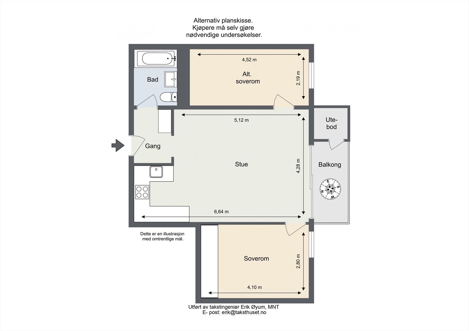 Alternativ plantegning - Det er mulig å etablere et ekstra soverom ved å flytte kjøkken ut i stue Galleribilde
