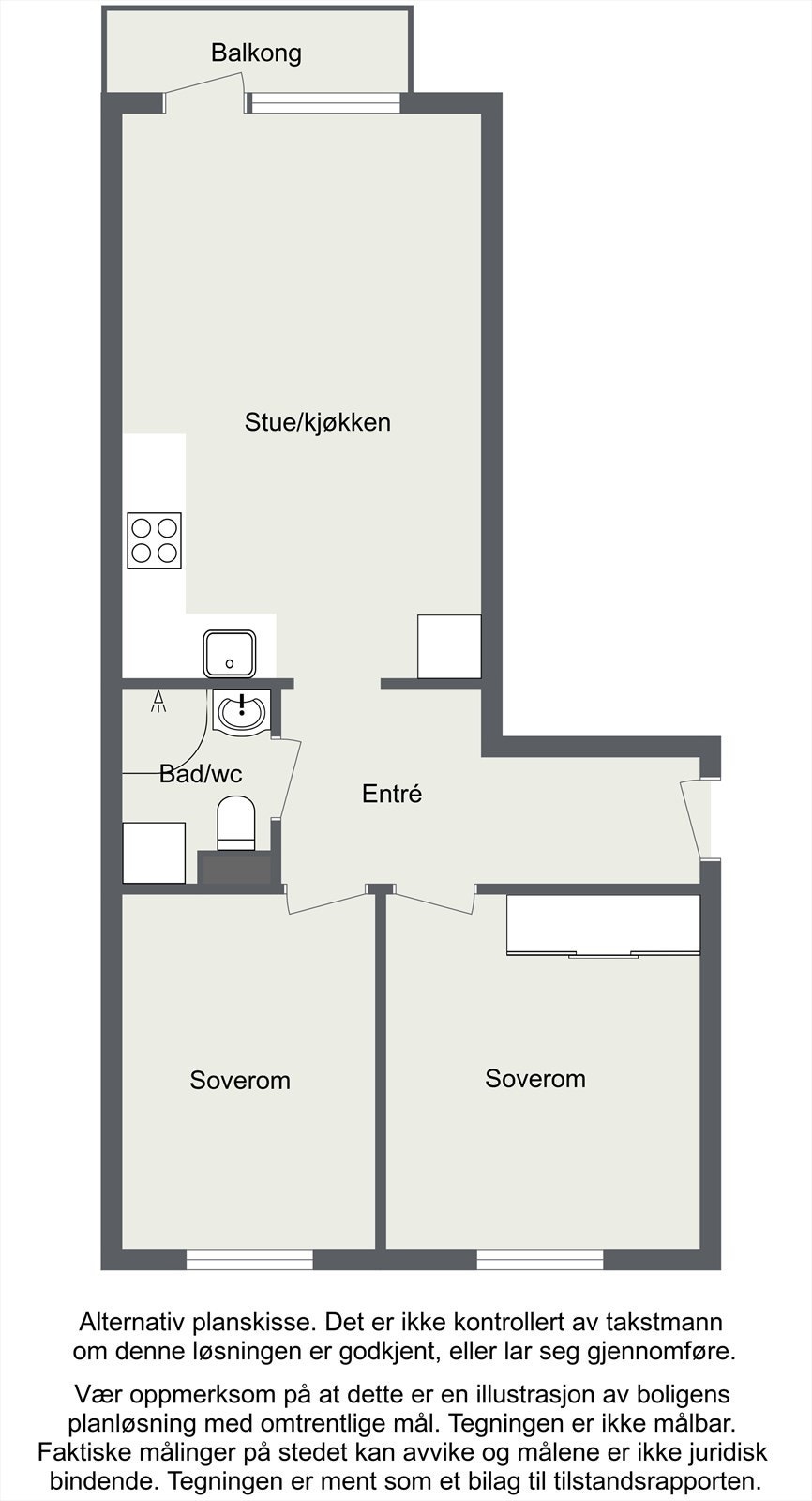 OBS! Alternativ planskisse hvor kjøkken er flyttet ut i stue for å kunne etablere et ekstra soveværelse Galleribilde