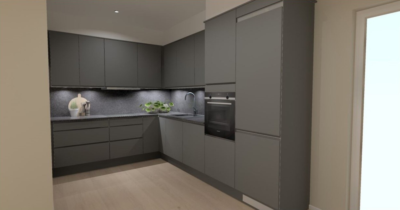 Oppgradert Sigdal kjøkken, Horisont Palett i fargen granitt med laminat benkeplate kull Galleribilde