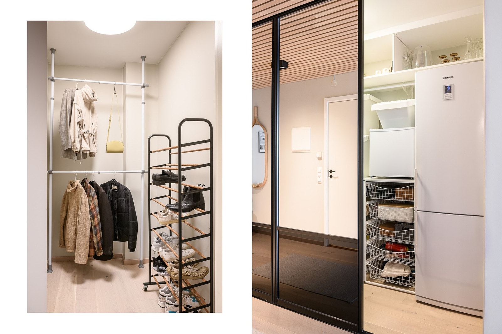 Entréen har en bod med klesheng og et walk-in closet skjult bak store skyvedører med speilfronter. Garderoben er innredet med hyller, skuffer og stenger for oppheng, samt avsatt plass for kjøleskap. Galleribilde