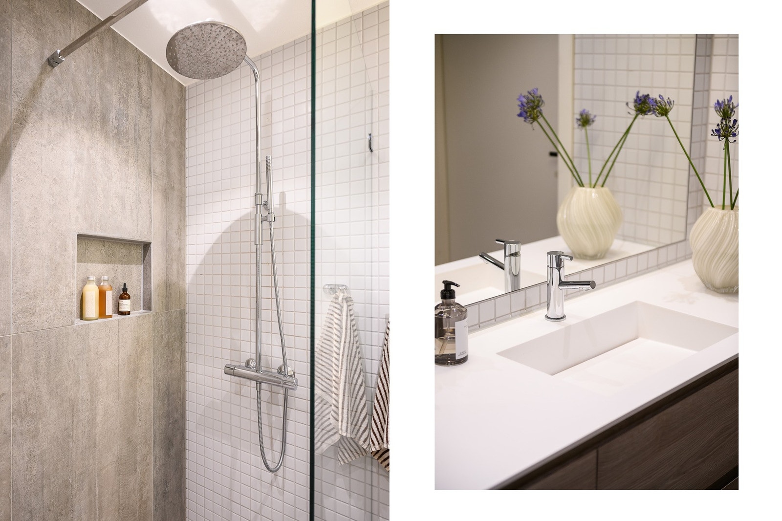 Dusjhjørne med glassvegg, regnfallsdusj og innfelt nisje for hygieneartikler. Galleribilde