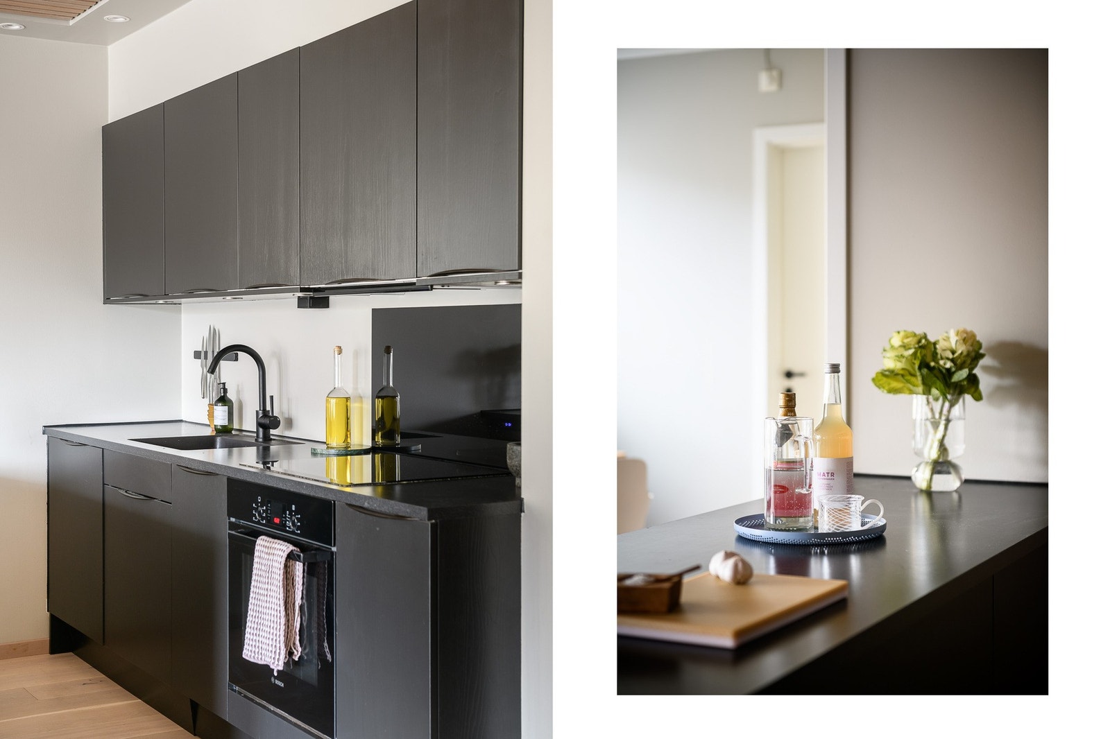 sorte, glatte fronter, fargede stålgrep og laminert benkeplate med oppvaskkum av kompositt. Integrert koketopp, stekeovn, oppvaskmaskin og vinkjøleskap. Galleribilde