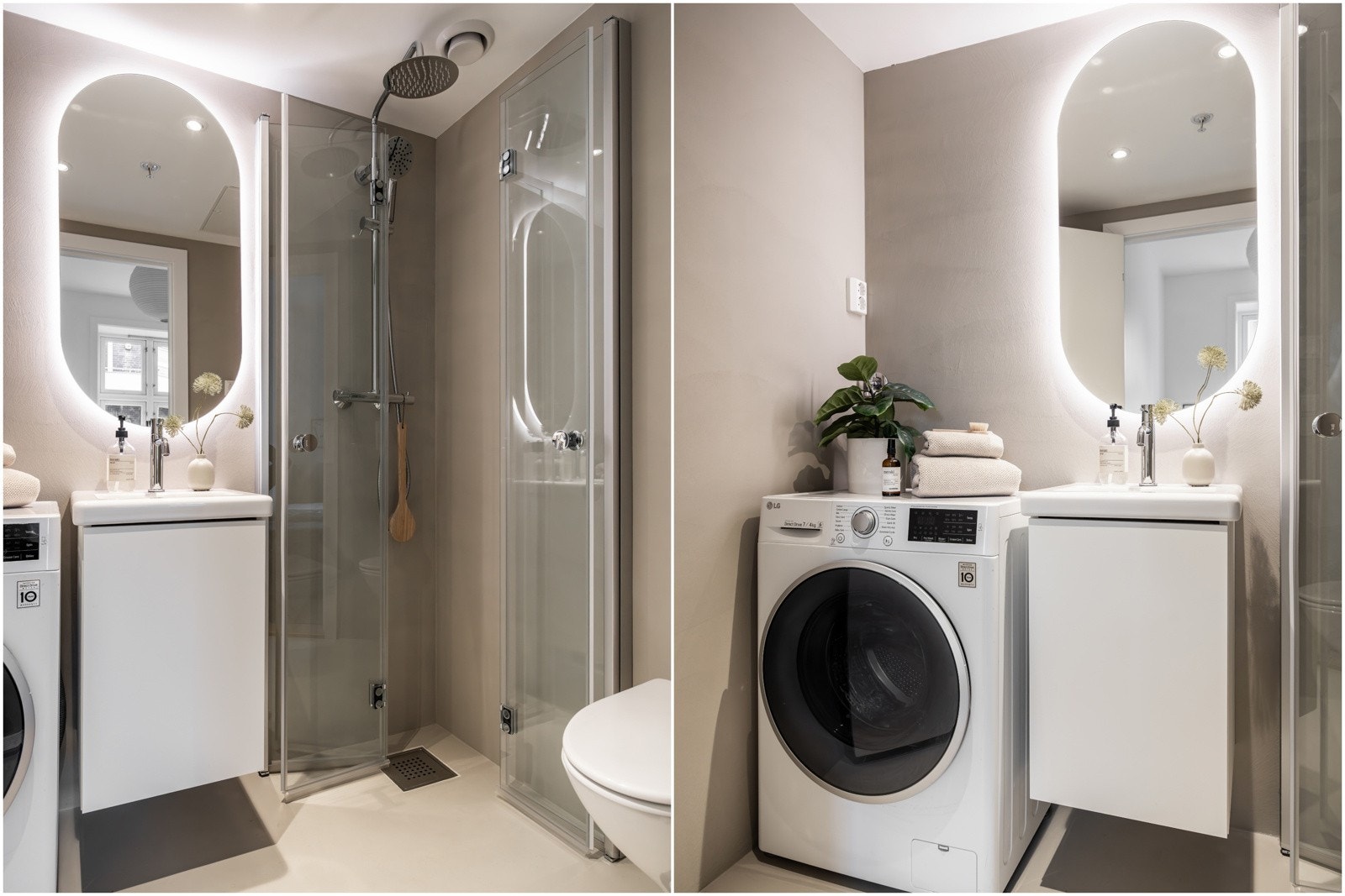 Inneholder servant med skap, speil med integrert belysning, dusjhjørne med innfellbare glassdører og regnfallsdusj, vegghengt klosett. Kombi vaskemaskin/tørketrommel følger med. Mekanisk avtrekk. Galleribilde