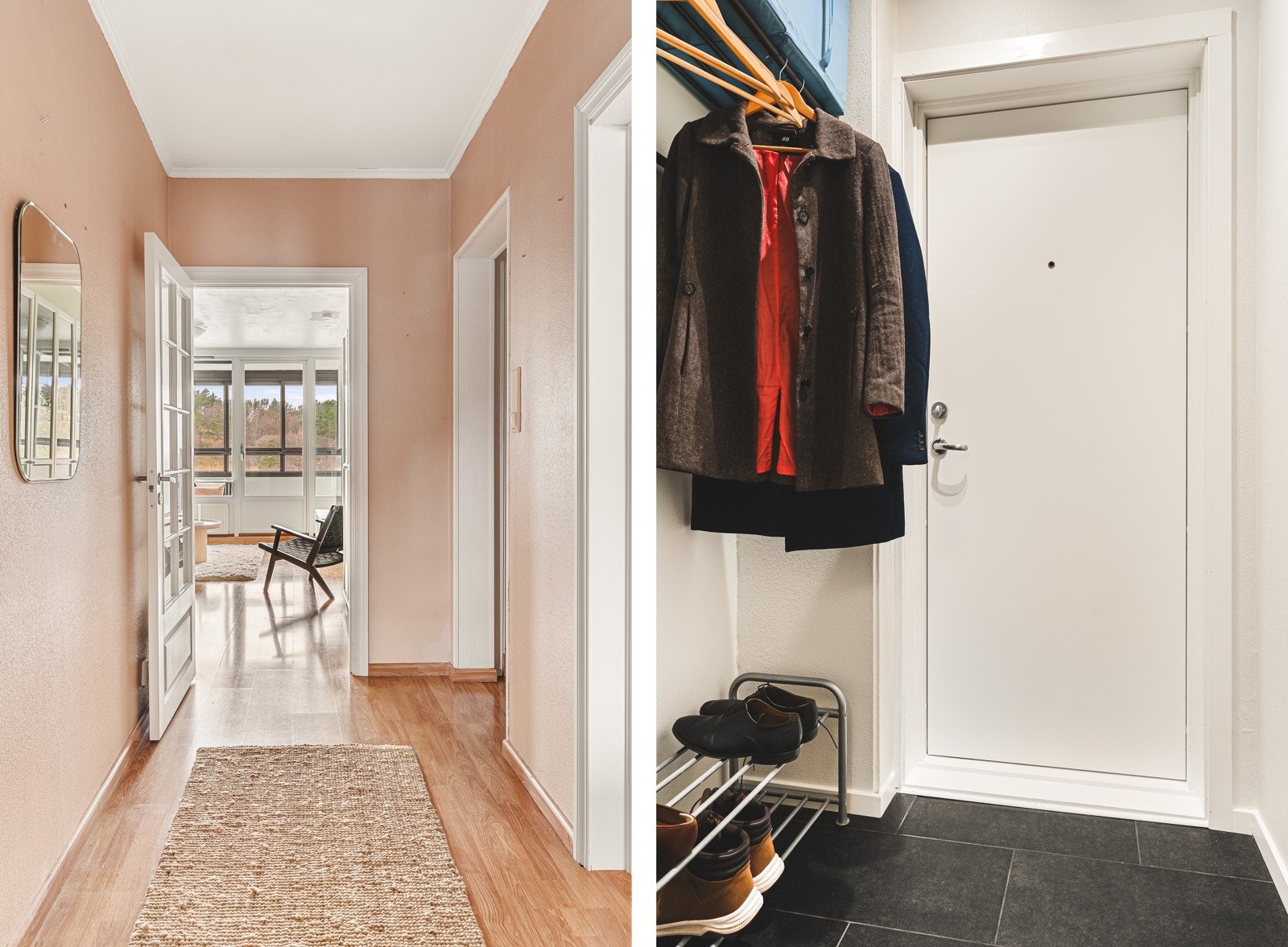 Vi starter i entréen på 1,5 kvm med fliser på gulv og nymalte vegger. Entréen leder videre inn til gangen. Galleribilde