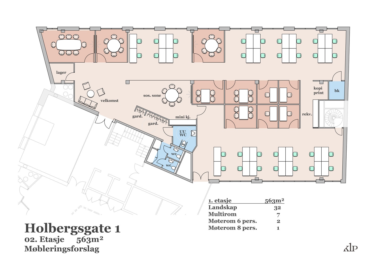 Planskisse forslag åpen kontorløsning Galleribilde