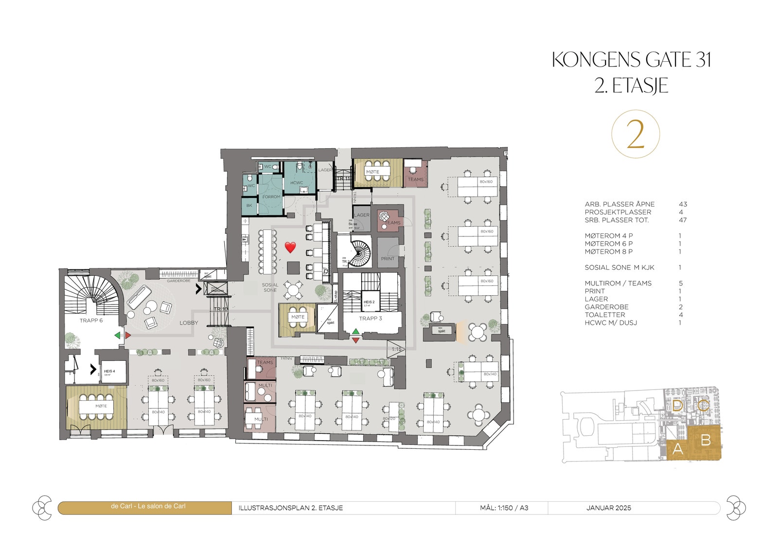 2. etasje, alternativ planløsning med maksimalt antall arbeidsplasser. Galleribilde