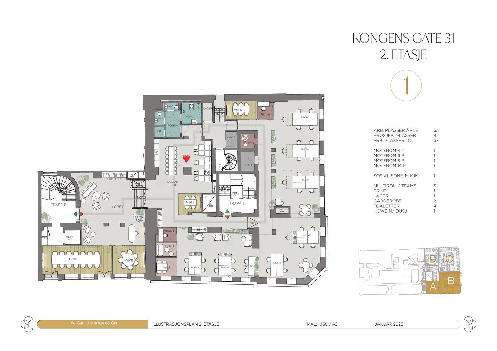 2. etasje, alternativ planløsning. Takhøyde på over 3,5 meter og store vinduer fra gulv til tak. Galleribilde