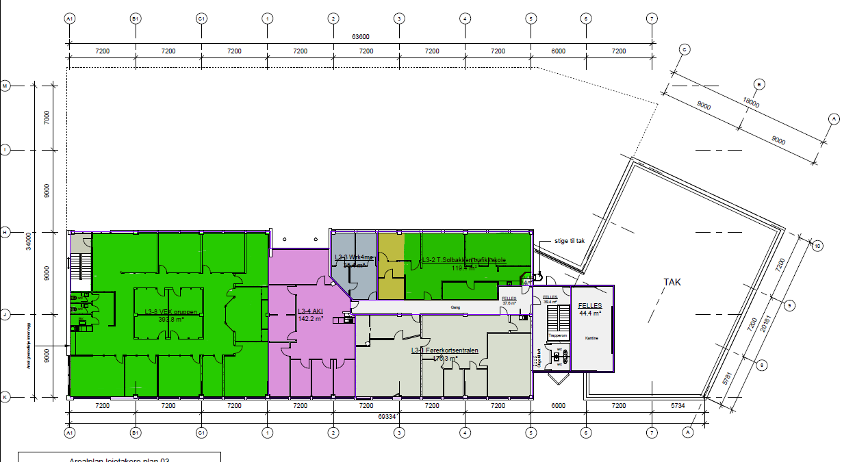 Ledige lokaler markert med lysegrønn farge. Henholdsvis BTA 423 m² og 120 m²