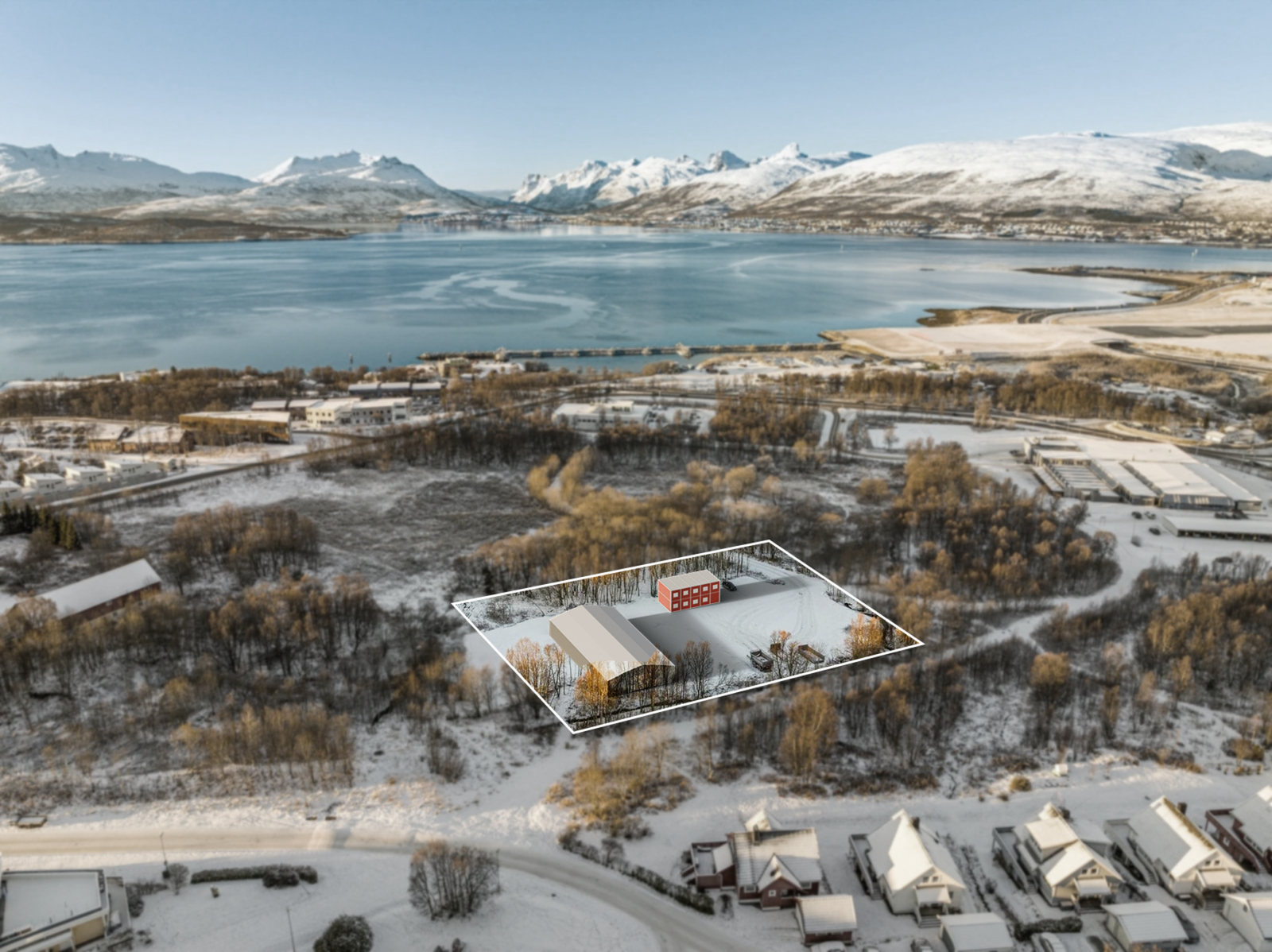 Velkommen til Søndre Langnes, sentralt midt på Tromsø-øya nært infrastruktur både til Kvaløya og fastlandet. Illustrasjon av en lager hall og brakkerigg. Galleribilde