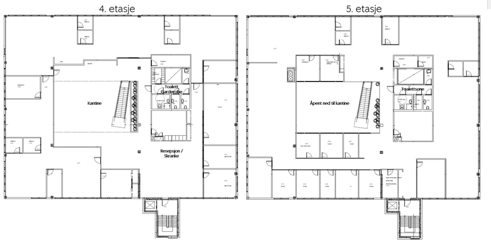 Planskisse for fjerde og femte etasje.
Effektive kontorlokaler med tilhørende fasiliteter. Galleribilde