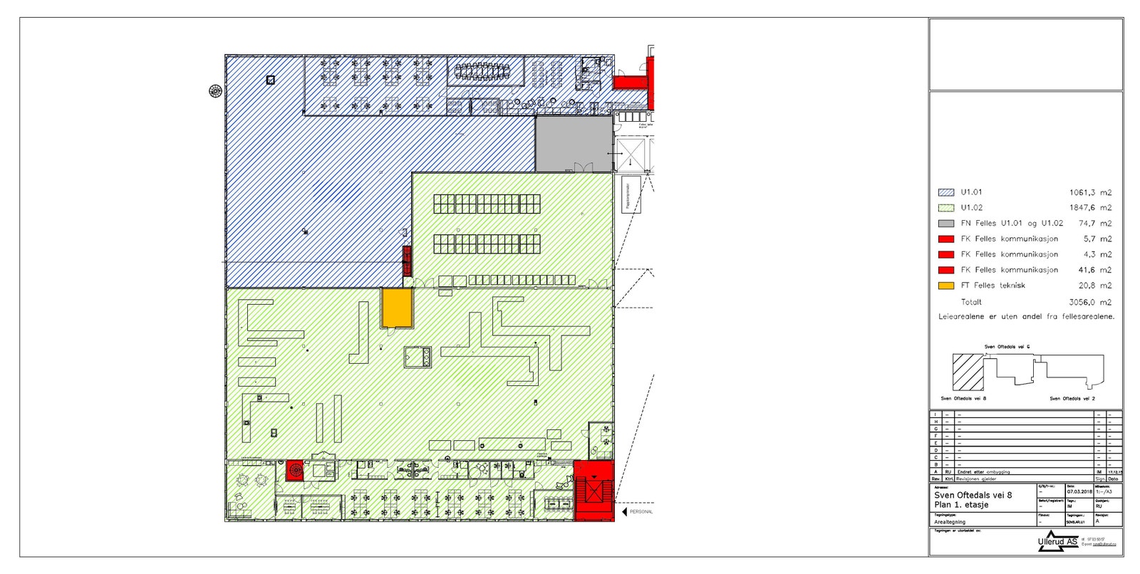 Areal 1 er markert i blått. Areal 2 er markert i grønt. Arealene ligger vegg i vegg og kan enkelt slås sammen. Galleribilde