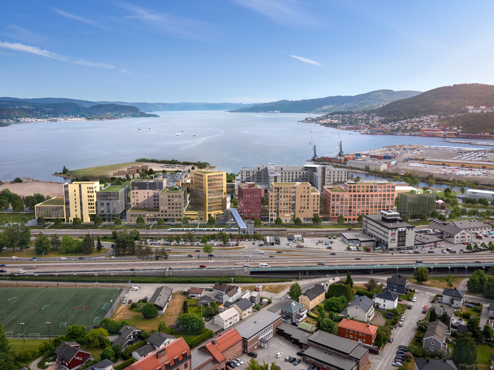 Drammen Helsepark blir liggende midt mellom Brakerøya stasjon og nye Drammen sykehus. Galleribilde