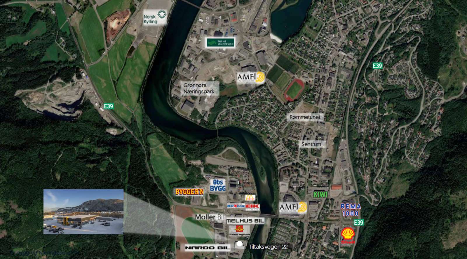 Stor handelsaktivitet langs E39 på Orkanger, spesielt innen bil- og maskinhandel, byggevare og proffmarked. Galleribilde