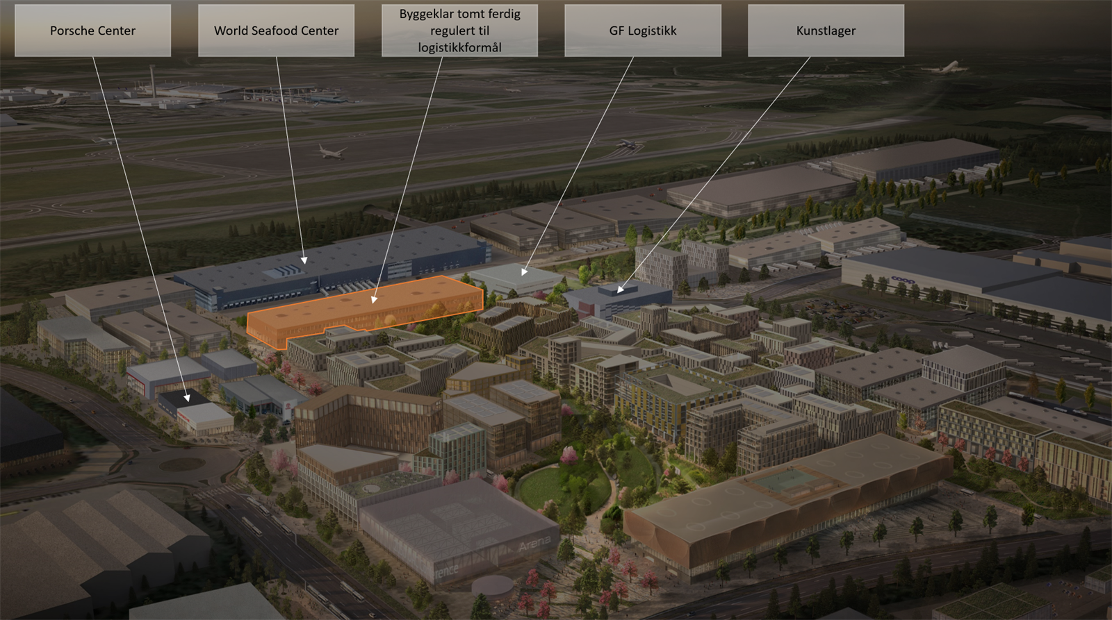 Illustrasjon av område og eksisterende bygg. Området som er markert i oransje er byggeklar tomt, der det kan bygges ca. 30 000 kvm lager/logstikk. Galleribilde