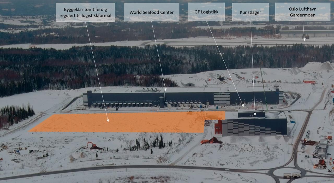 Byggeklar tomt markert i oransje, der det kan bygges ca. 30 000 kvm lager/logstikk. Galleribilde