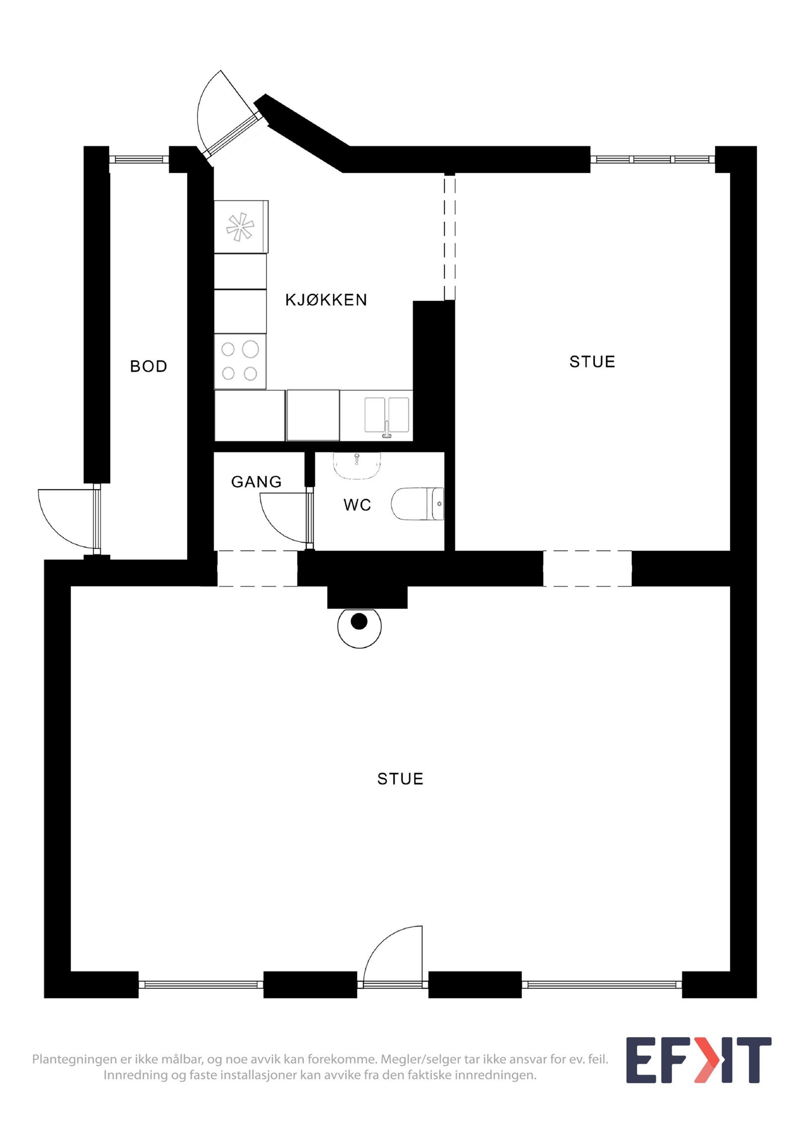 Planløsning. Det er lettvegg mellom bod og kjøkken. Galleribilde