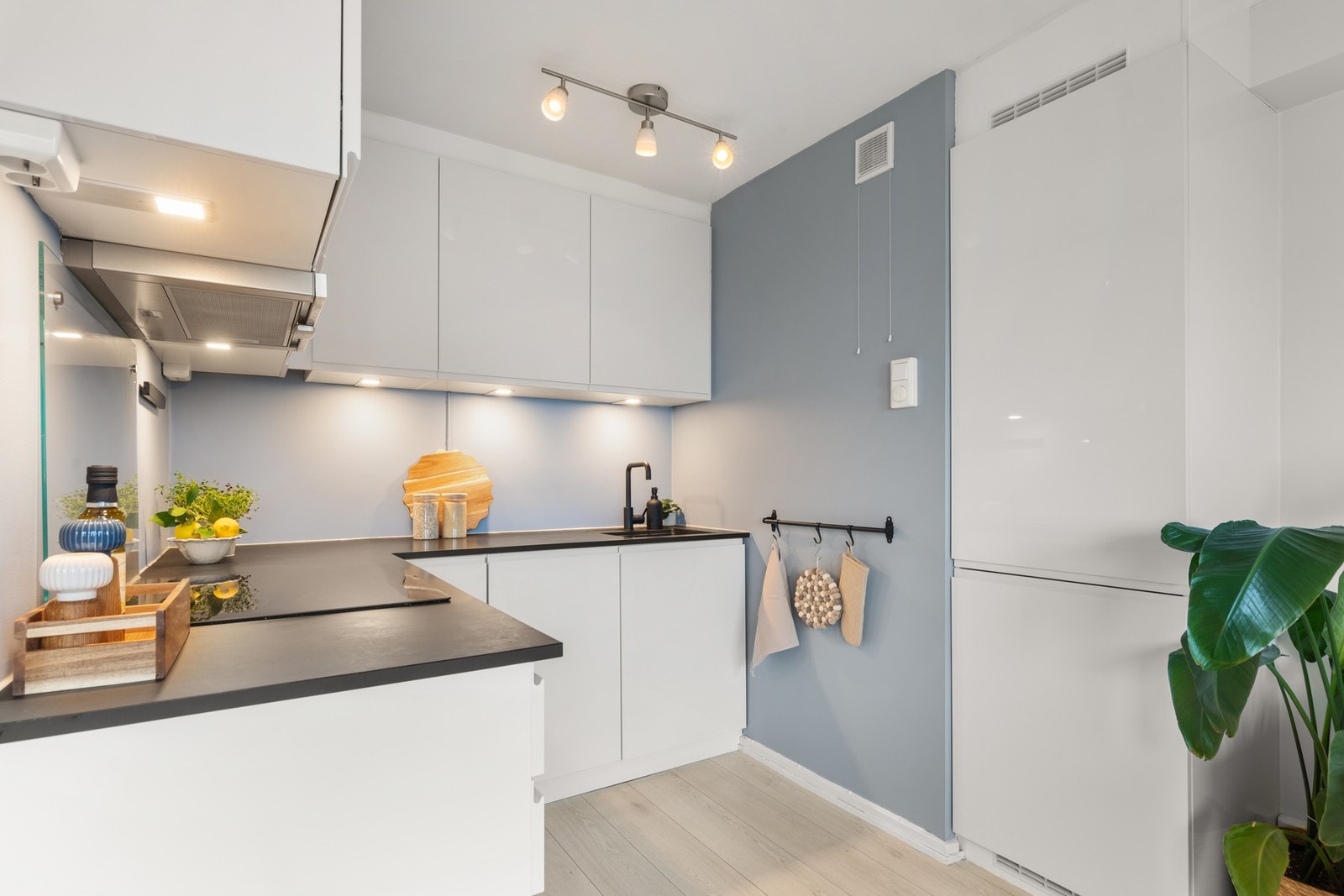 Hvitevarer består av integrert stekeovn, keramisk steketopp, smal oppvaskmaskin og kjøle-/fryseskap. Ventilator med kullfilter. Galleribilde