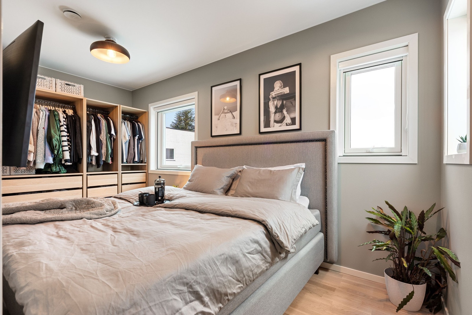 Lyst og romslig soverom med grå vegger og store vinduer. Rommet har plass til en stor seng og har garderobeskap. Galleribilde
