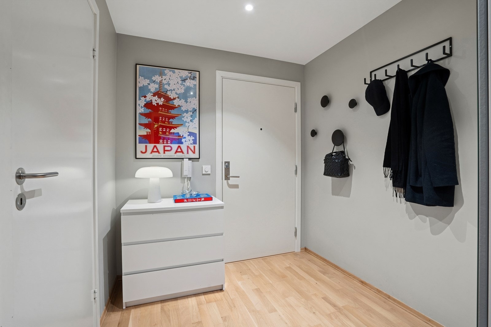 På en av veggene er det montert henge knagger, og det er garderobeskap med speil. Ved inngangsdøren er det porttelefon. Galleribilde