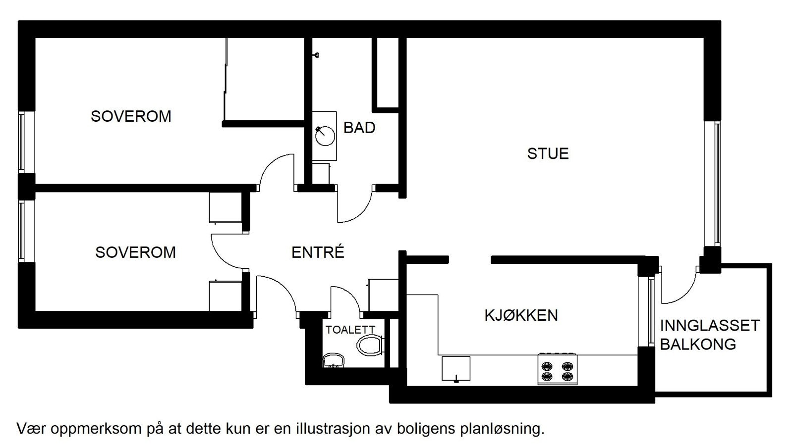 Planskisse. Leiligheten disponerer i tillegg 2 kjellerboder på hhv. 3,3 og 3,5 m². Galleribilde
