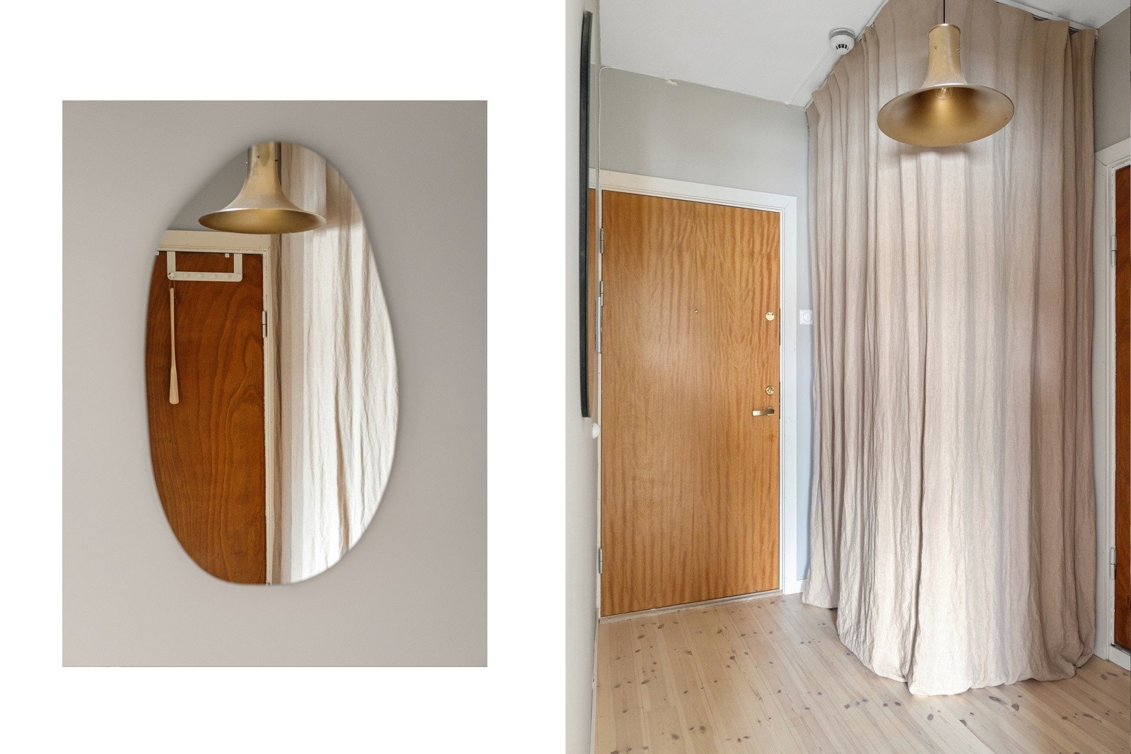 Hyggelig gang med fine muligheter for plassering av sko og oppheng til yttertøy. Det er montert en skinne i taket med gardiner som pent skjuler yttertøyet Galleribilde