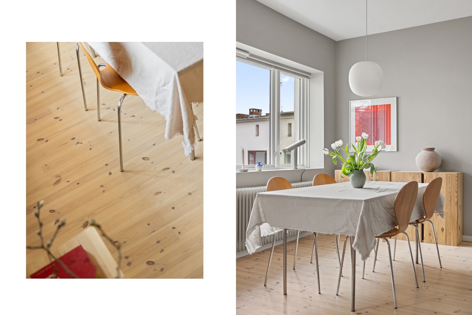 Leiligheten har god plass til stort spisebord foran stort vindu fra 2022. Leiligheten har lekre furugulv som ble slipt og hvitpigmentert i 2020 Galleribilde