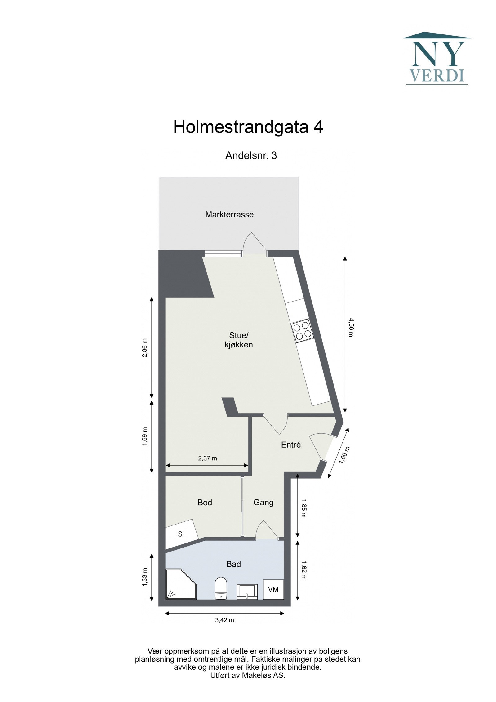 Plantegning. I tillegg disponerer leiligheten en ekstern bod på ca. 2,8m². Galleribilde