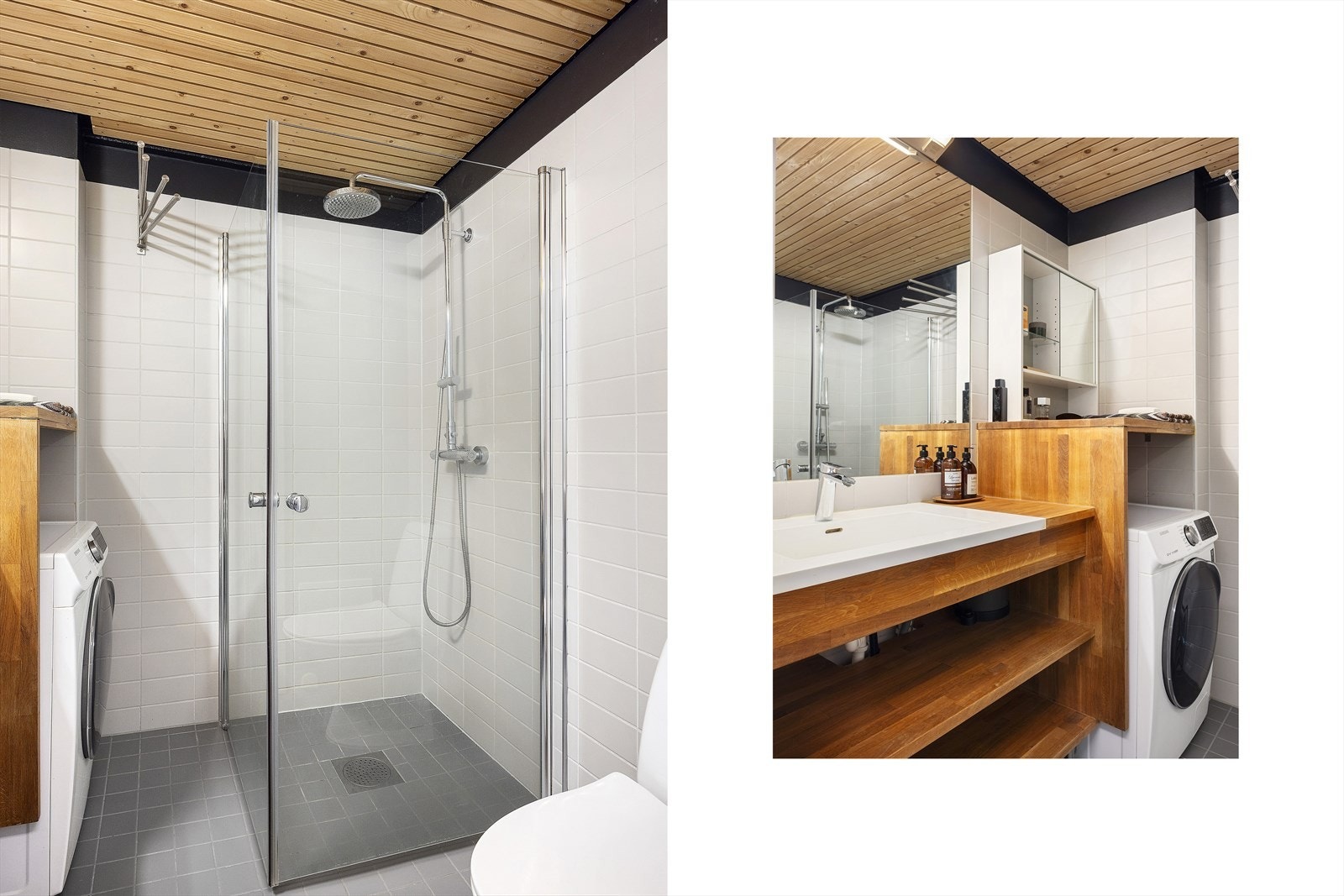 Romslig dusjsone og praktiske oppbevaringsløsninger. Galleribilde