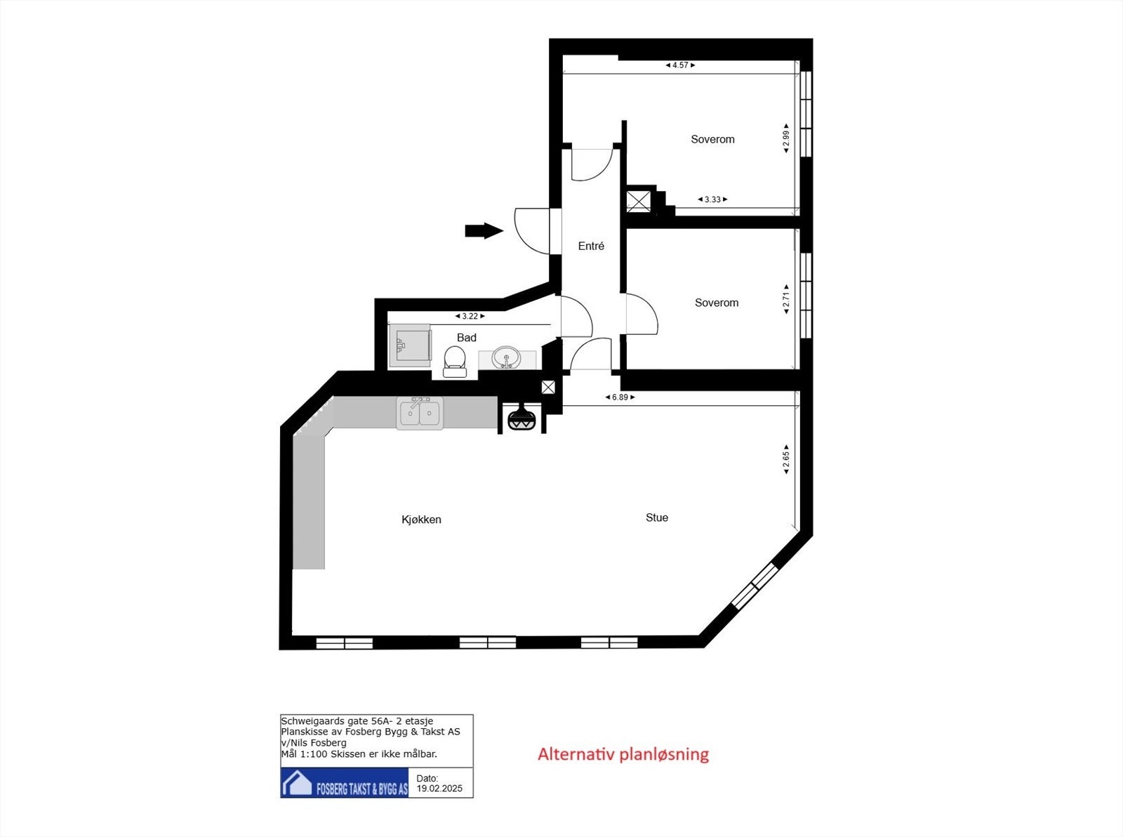 Alternativ planløsning med stue og kjøkken i åpen løsning. Galleribilde