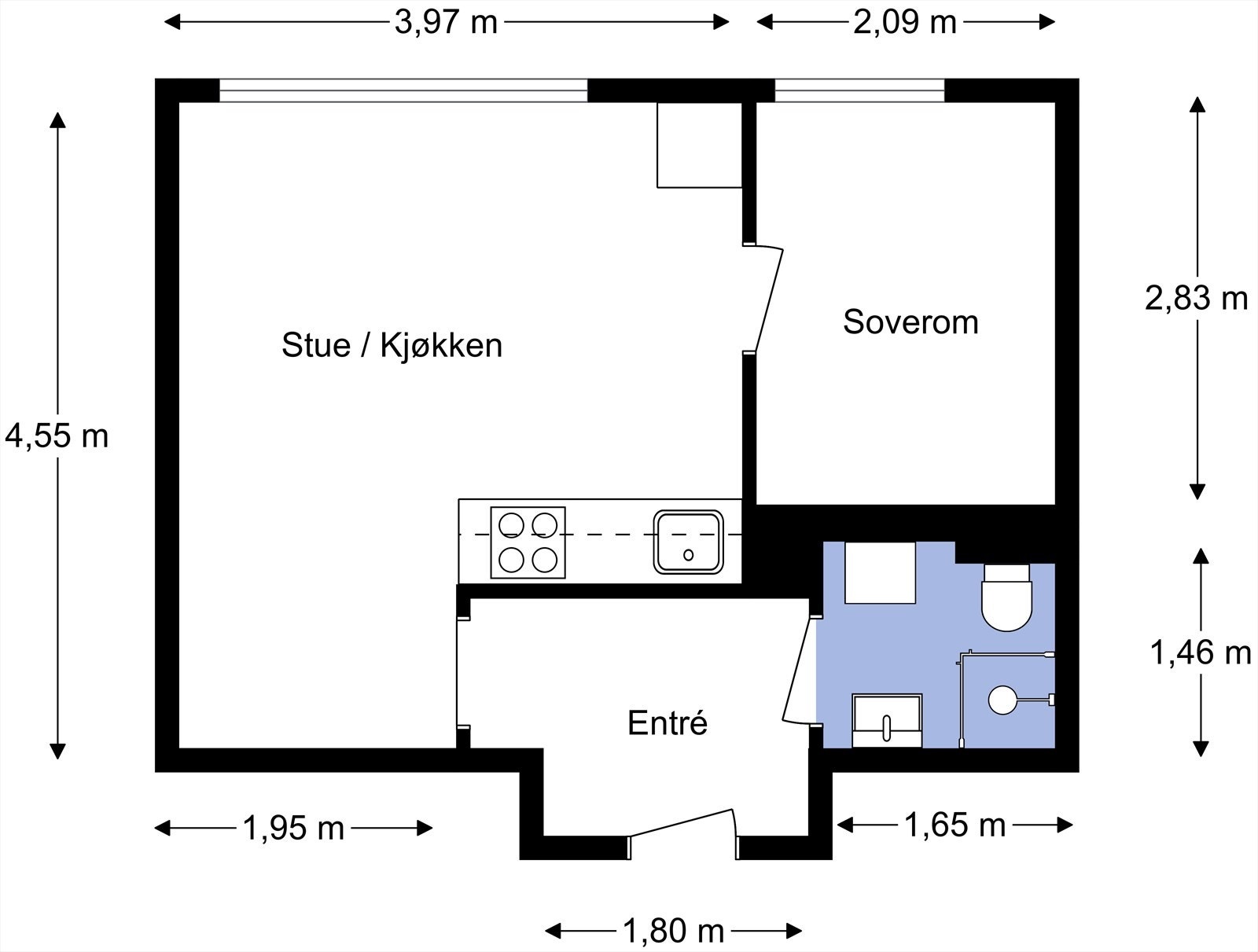 Plantegning fra takstmann. Leiligheten inneholder entré, stue/kjøkken, soverom og bad. Boligen medfølger også en loftsbod. Galleribilde