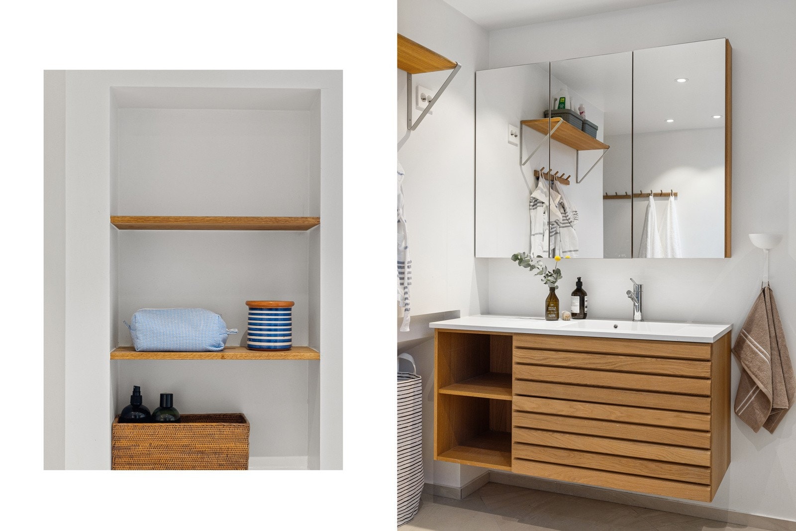 Pene detaljer som blant annet integrerte hylleløsninger og pen baderomsinnredning Galleribilde