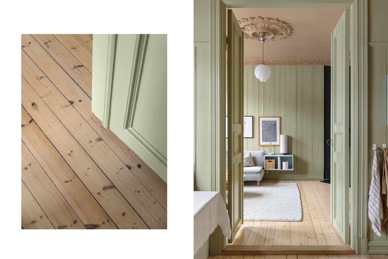 Originale fløydører mellom rommene samt innbydende originalt tregulv. Galleribilde