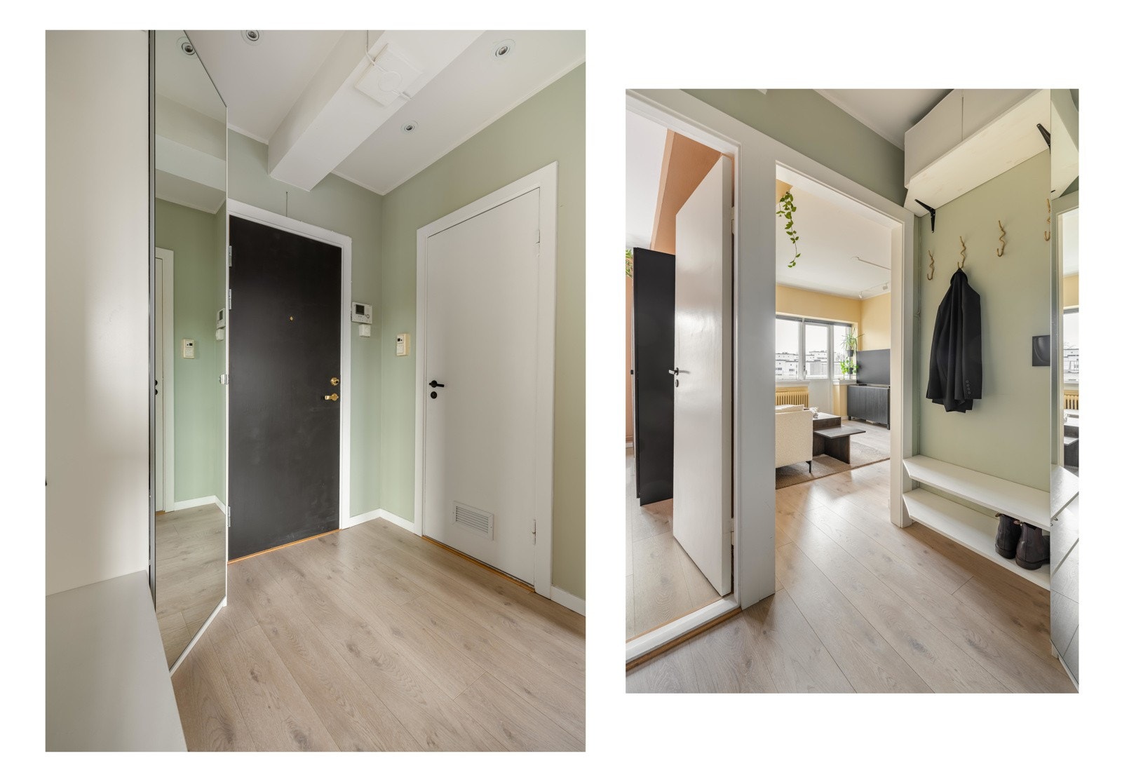 Praktisk entré med god plass til oppbevaring av yttertøy i stort hjørneskap. Galleribilde