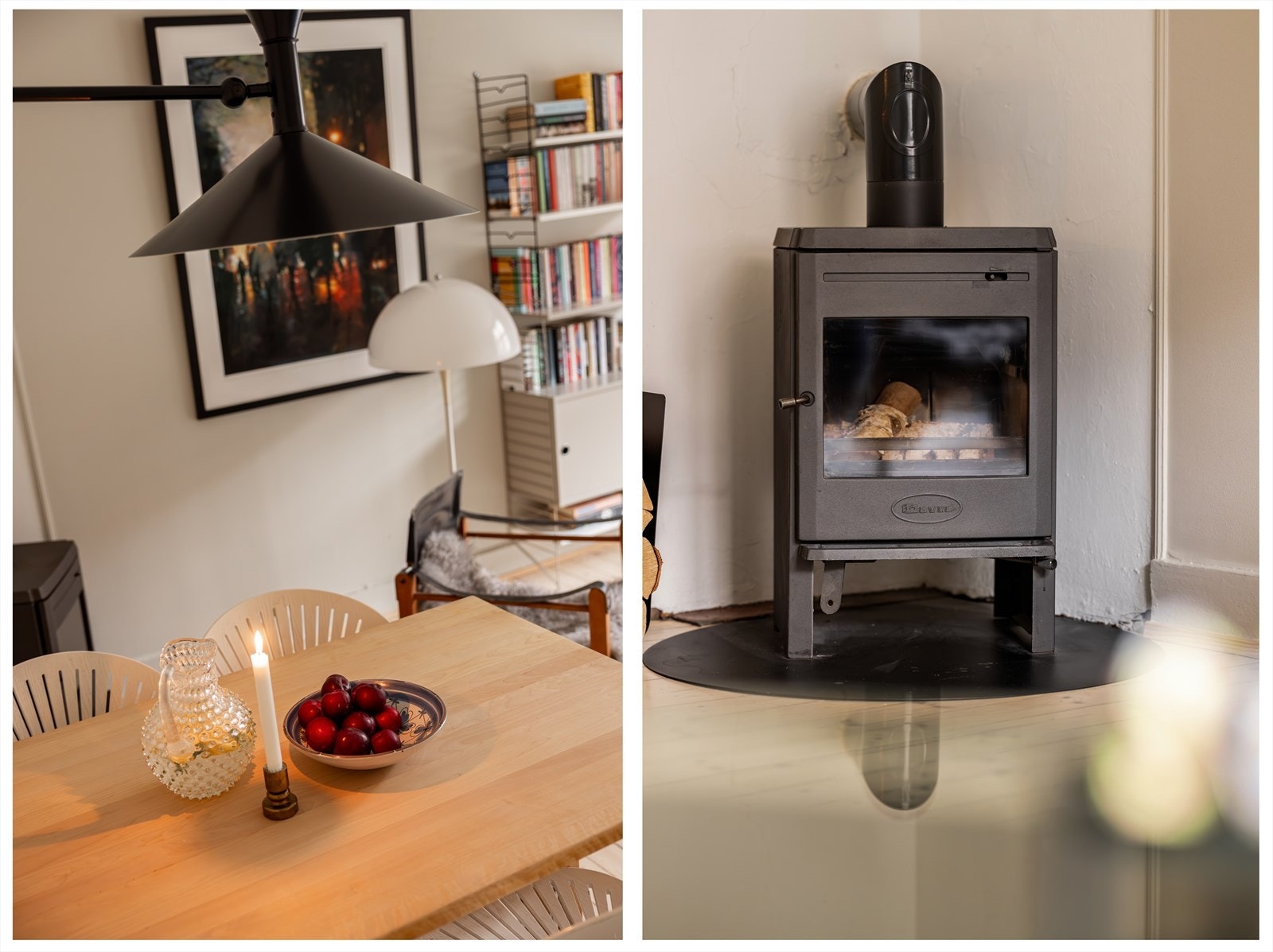 Selv på kveldstid er det en utrolig stemning i leiligheten med vedovn. Galleribilde