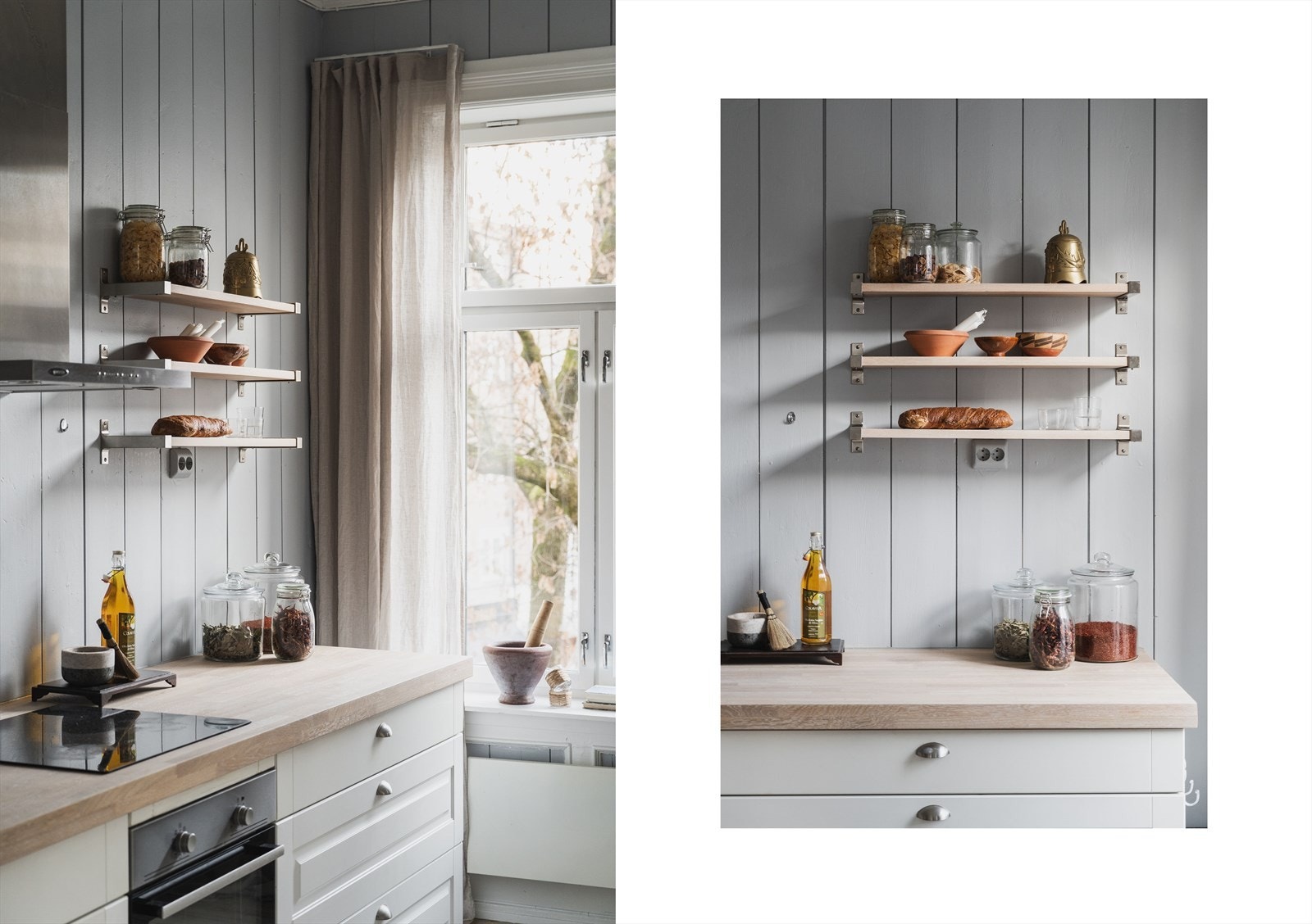 Detalj. Hvite profilerte fronter på skuffer og skap. Benkeplate i oljet treverk Galleribilde