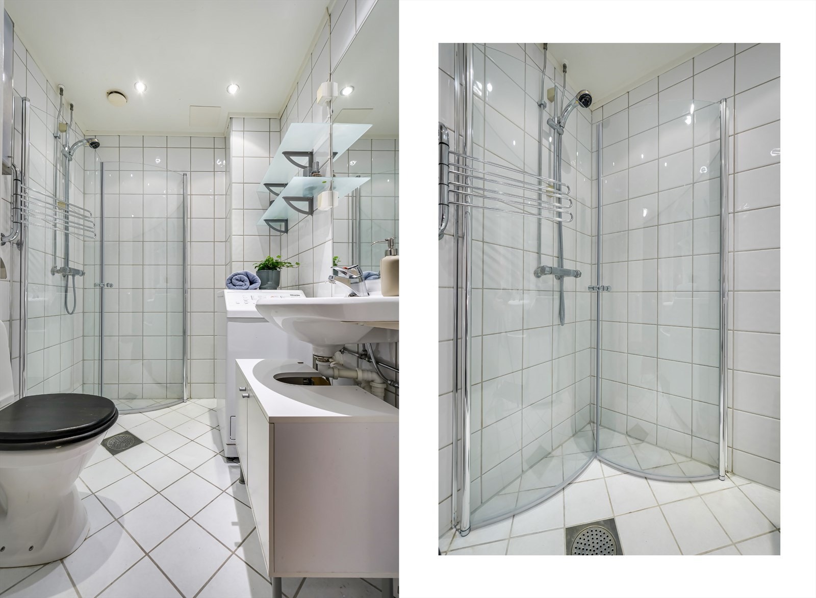 Lyst, flislagt bad med gulvvarme og opplegg for vaskemaskin. Galleribilde