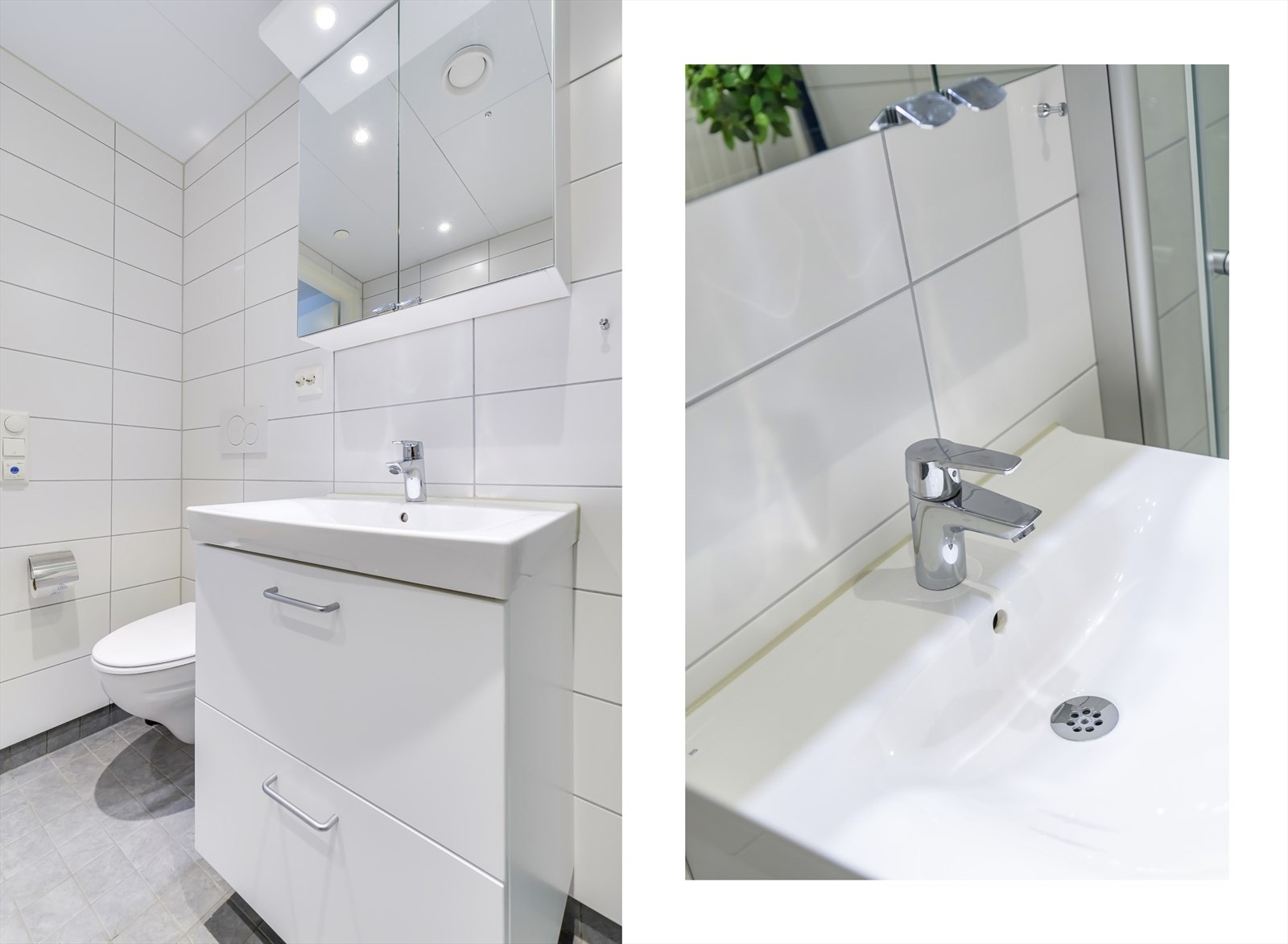 Her finner du en romslig dusj, vegghengt toalett, og en stilren innredning med underskap og overskap. Det er også opplegg for vaskemaskin, noe som gjør dette badet både praktisk og komfortabelt for daglig bruk. Galleribilde