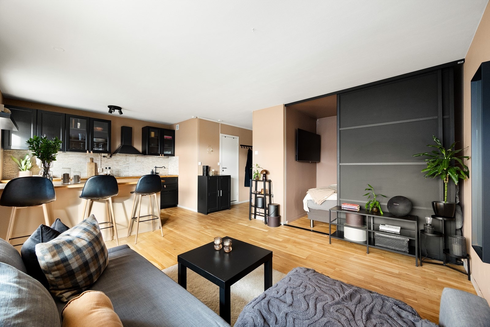 Leiligheten har en åpen stue- og kjøkkenløsning som understreker er arealeffektiv planløsning. Galleribilde