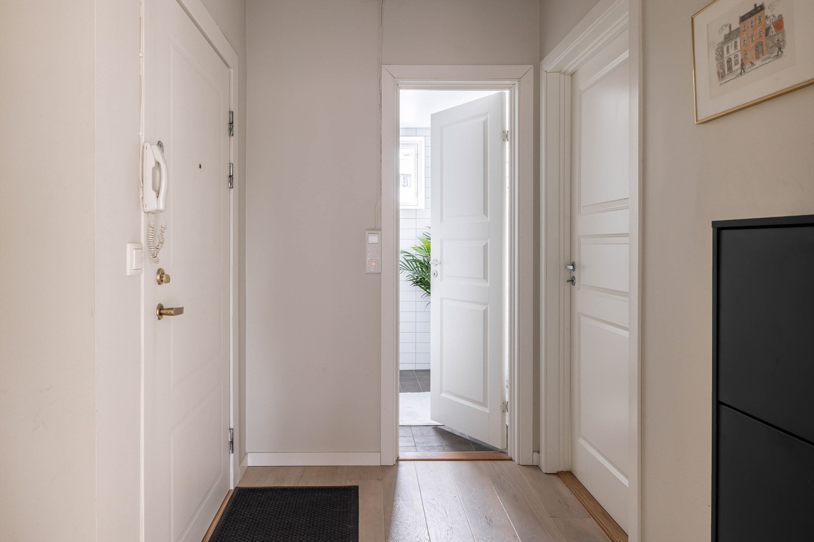 Praktisk med inngang til de fleste rom fra gang. Porttelefon montert på vegg. Galleribilde