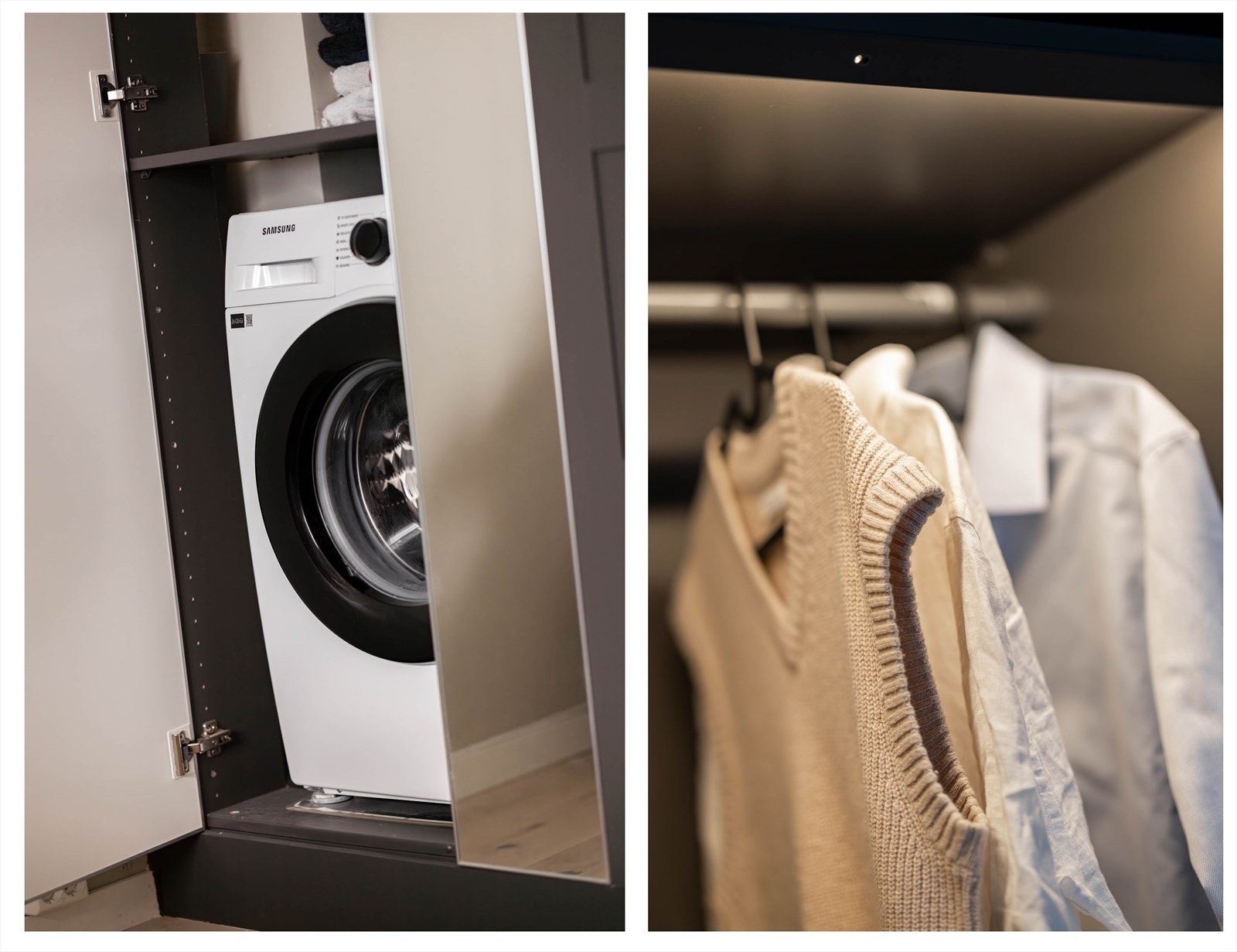 Det er laget opplegg og plass til vaskemaskin i garderobeskap. Waterguard er montert. Galleribilde