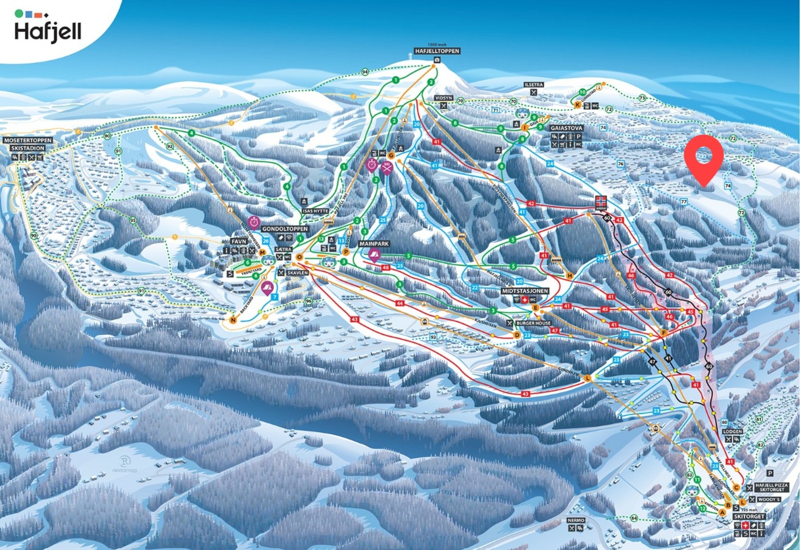 Fra tomteområdet (markert) kan du ta deg via skivei feks ned til Skogheisen eller bunnstasjonen. Tilbake kan du feks komme ned via skivei 74/75 Galleribilde
