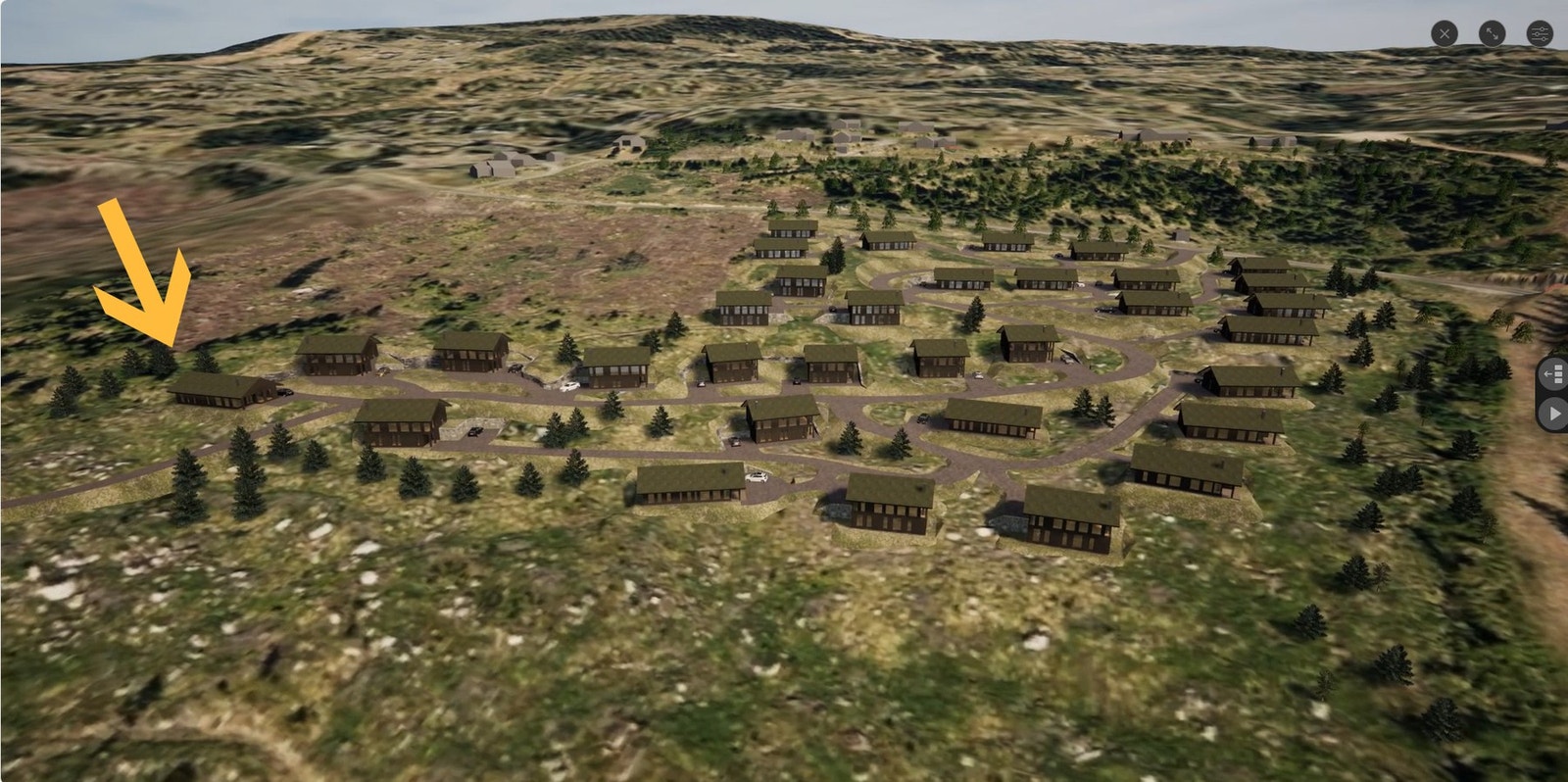 Illustrasjon som viser prosjekterte hytter på feltet. Tomt 1 markert Galleribilde