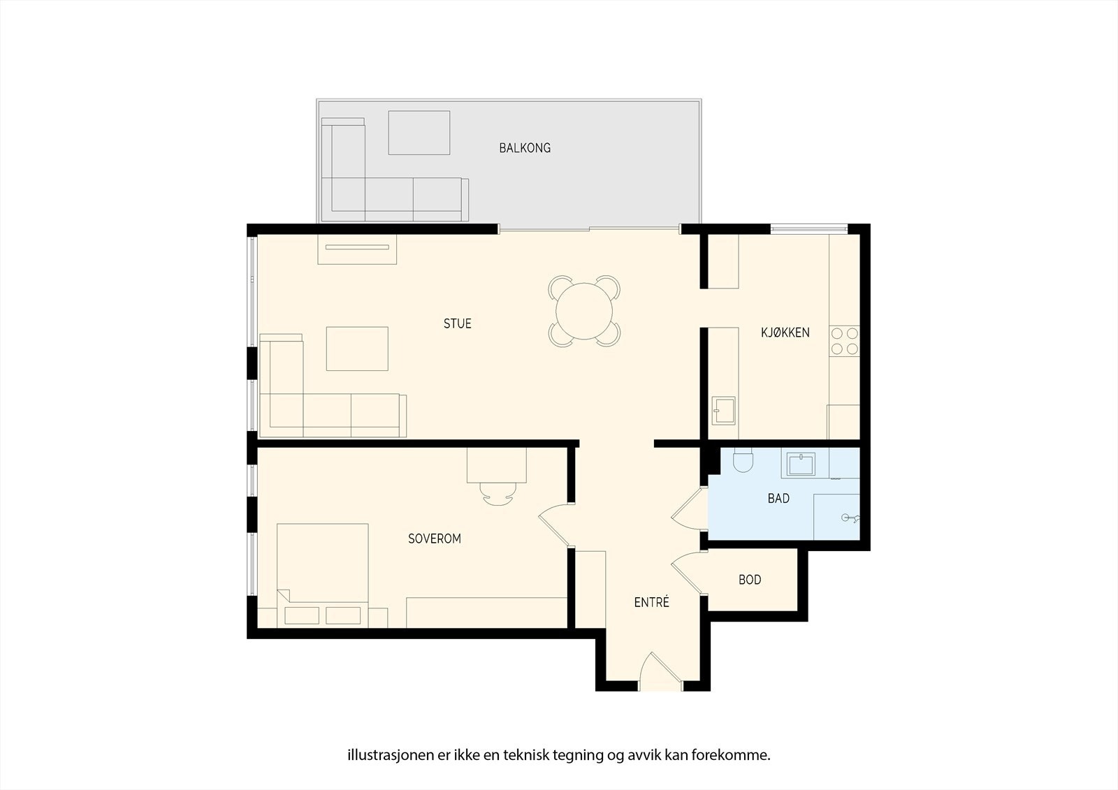 Plantegning - kan lett gjøres om til en 3 roms om man setter opp en lettvegg i stuen. Galleribilde