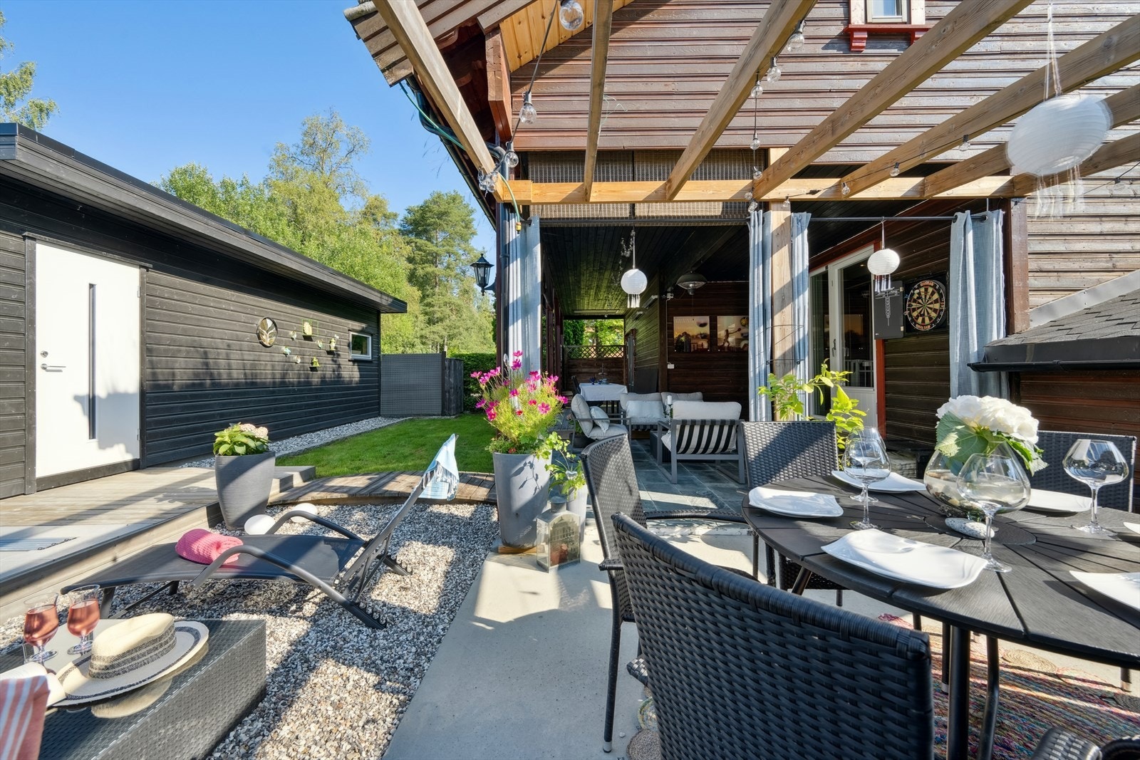 Uteområdet er lettstelt og byr på det meste fra hageflekk, flislagt markterrasse, platting, singlet gangstier og terrasser rundt basseng. Galleribilde