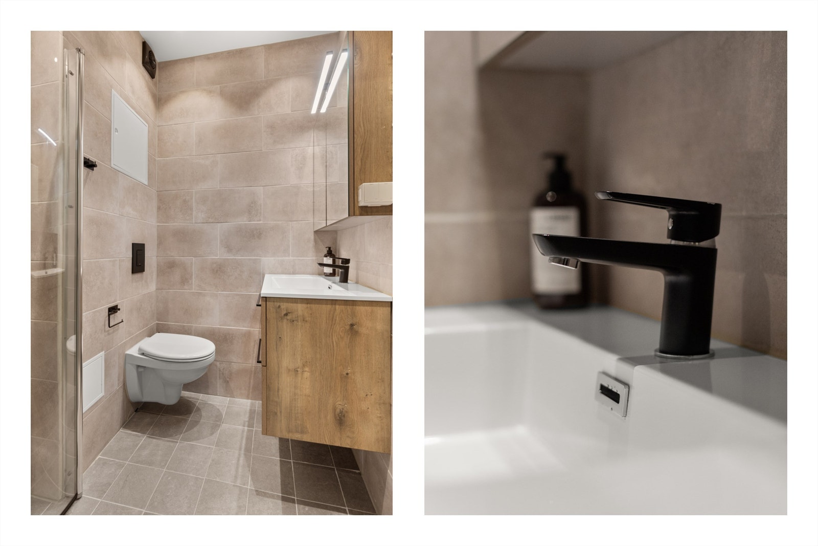 Baderomsinnredningen består av vegghengt servantinnredning med skuffer og ovenpåliggende servant. Over servanten er det et praktisk speilskap med overlys og stikkontakter. Galleribilde