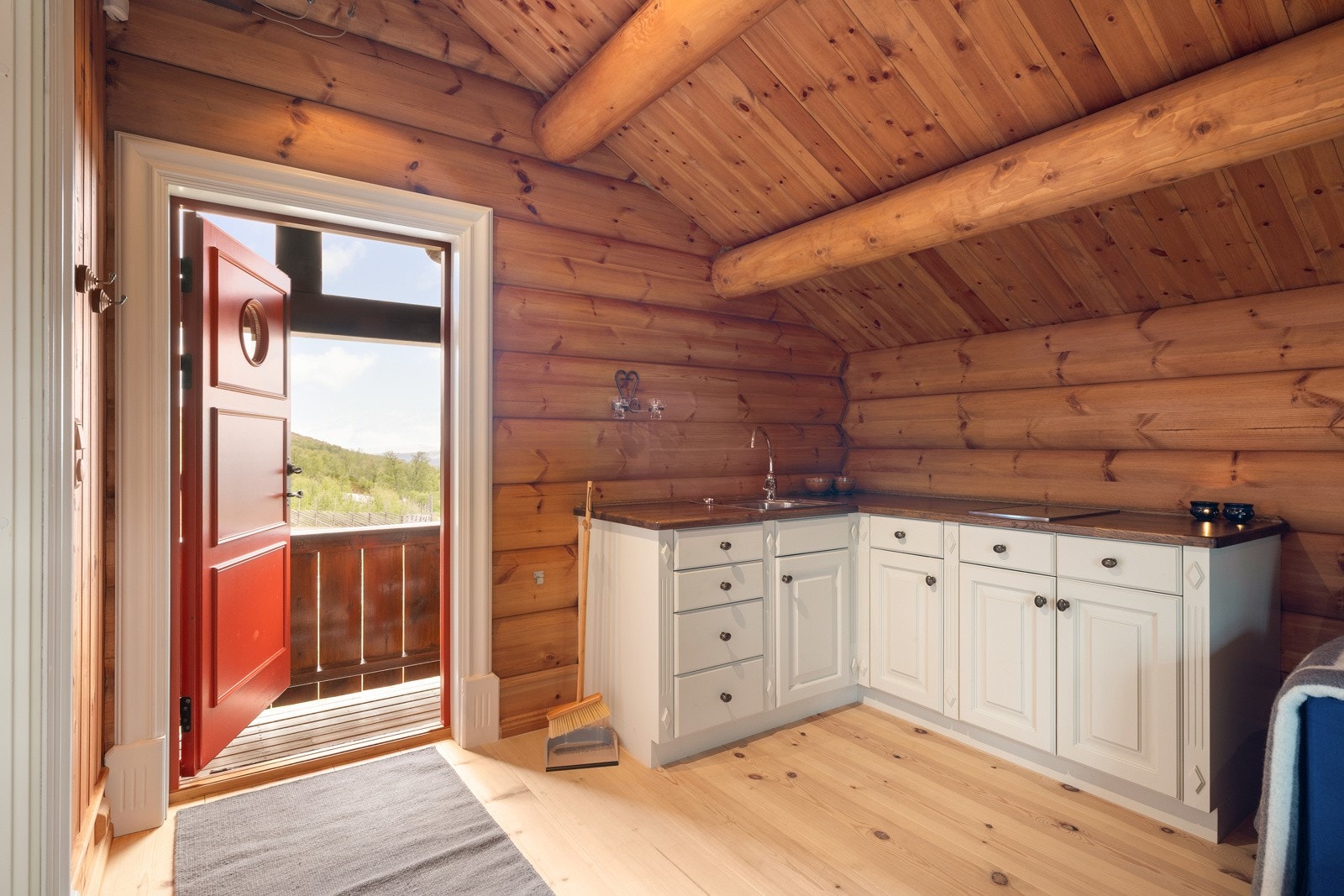 Stabburet på to etasjer har god plass til gjesteovernatting og inneholder TV-stue, åpen stue- og kjøkkenløsning samt bad. Galleribilde